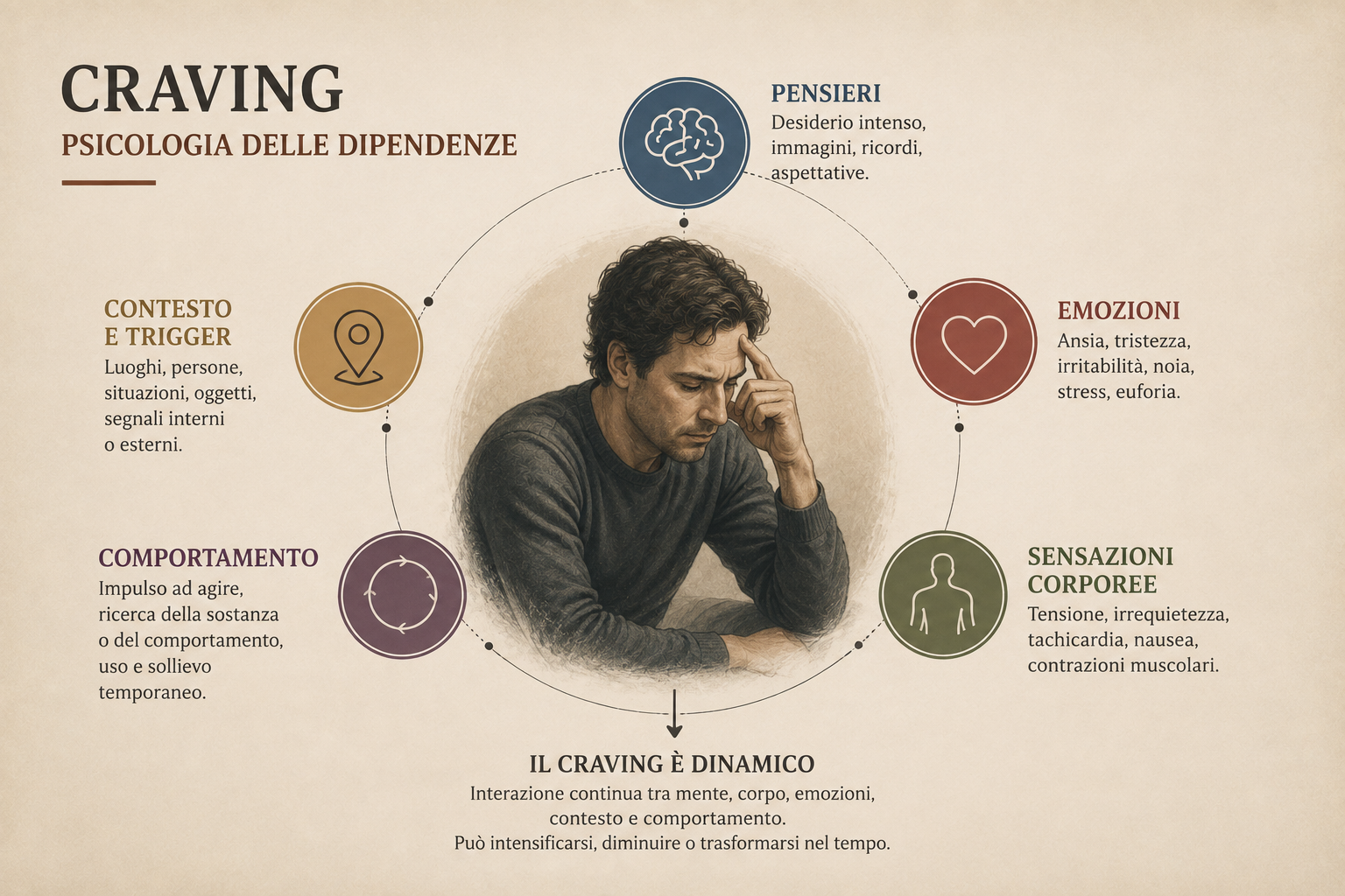 Craving nelle dipendenze con pensieri, emozioni, sensazioni corporee, contesto e comportamento