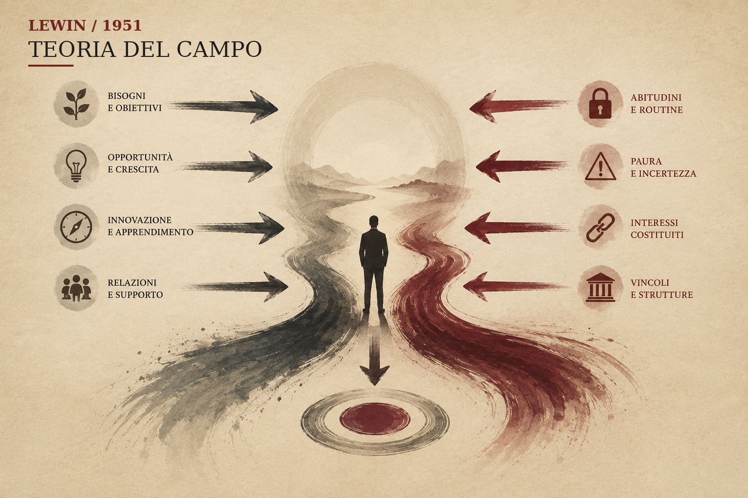 Teoria del campo di Kurt Lewin con forze che favoriscono e ostacolano il cambiamento