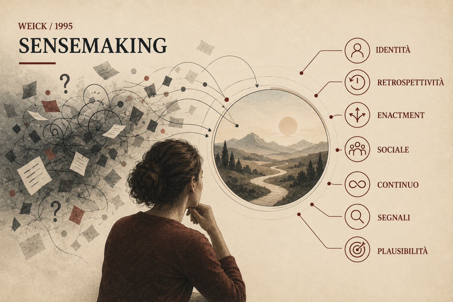 Sensemaking nelle organizzazioni secondo Karl Weick: identità, retrospettività, enactment, dimensione sociale, continuità, segnali e plausibilità