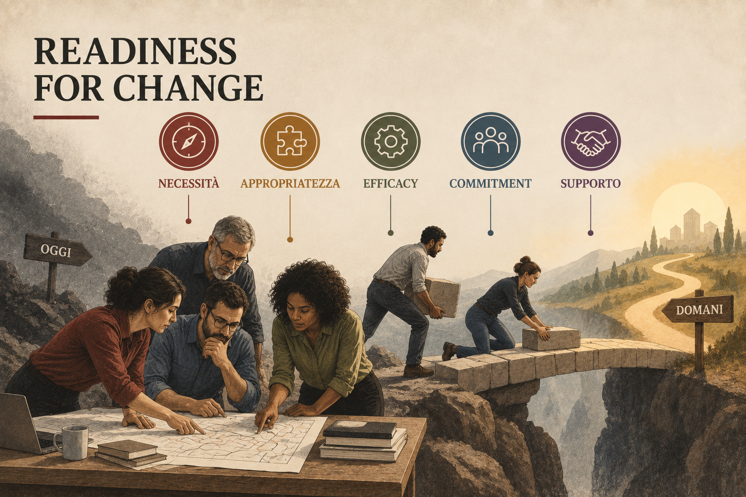 Readiness for Change con necessità, appropriatezza, efficacy, commitment e supporto nel cambiamento organizzativo